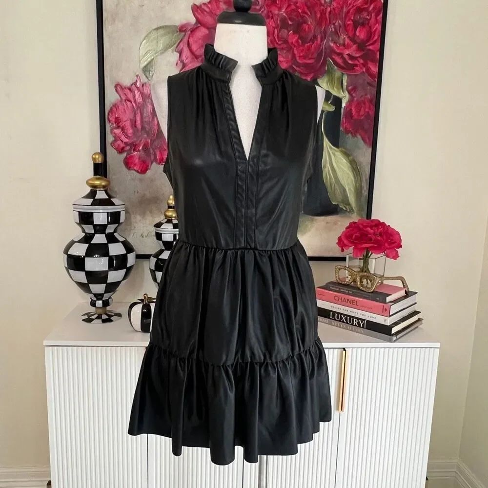 FATE Womens Faux Leather Ruffled V-Neck Sleeveless Tiered Mini Dress Black Small